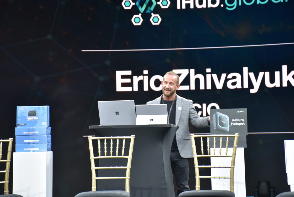 Eric Speaking on Stage at iHub Global Launch Event in Las Vegas at Worre Studios
